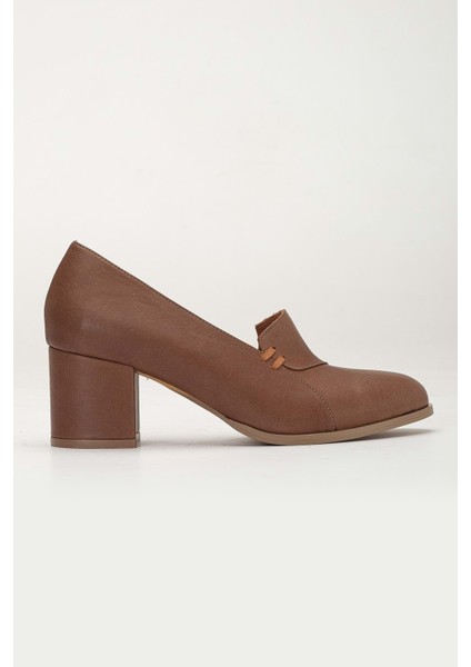 Kadın Hakiki Deri Biyeli Topuklu Ayakkabı - Ceviz modelleri