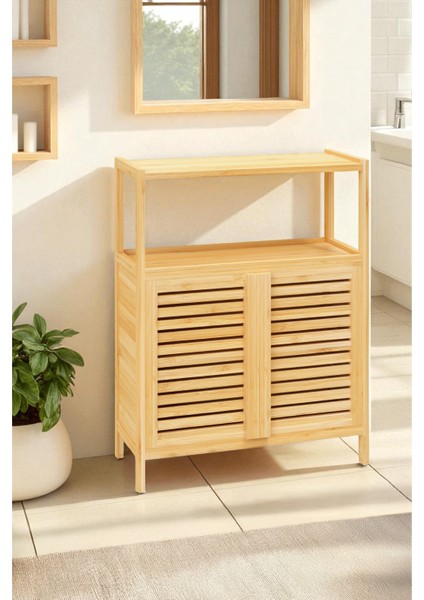 Bambu Çift Kapaklı 2 Raflı Banyo Düzenleyici Organizer Yatay Dolap DB-0038