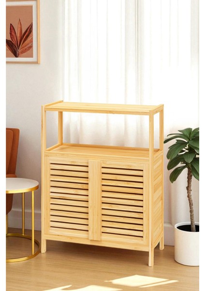 Bambu Çift Kapaklı 2 Raflı Banyo Düzenleyici Organizer Yatay Dolap DB-0038 fırsatları