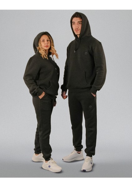 Şardonlu Üç Iplik Rejenere Kapüşonlu Unisex Eşofman Takımı Antrasit Renk