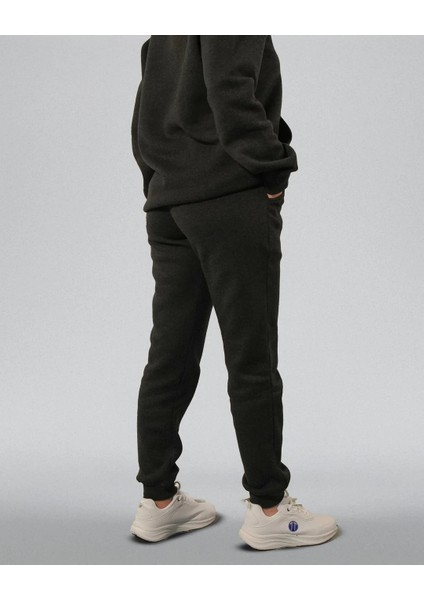 Şardonlu Üç Iplik Rejenere Kapüşonlu Unisex Eşofman Takımı Antrasit Renk