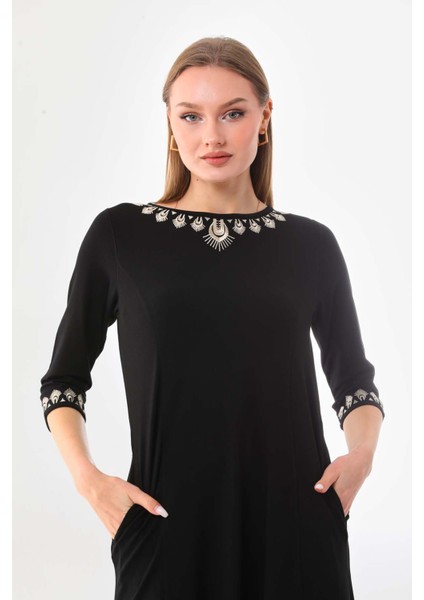 Kadın Kolları ve Yakası Işlemeli Midi Boy Elbise 23450 Siyah modelleri