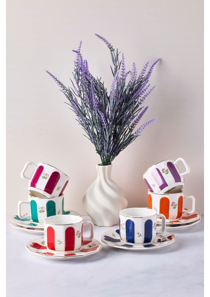 Acem Çiçek Desenli Porselen Türk Kahvesi Fincan Takımı 6 Kişilik 12 Parça