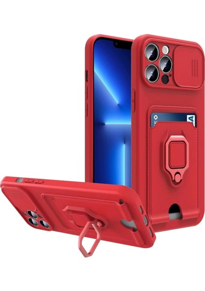 iPhone 14 Pro Max Kılıf Ipli Lens Sürgülü Yüzüklü Kartvizitli Silikon Zuma