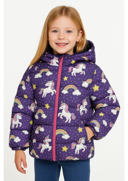 Kız Çocuk Polarlı Kapüşonlu Unıcorn Desenli Kışlık Şişme Mont & Kaban & Parka