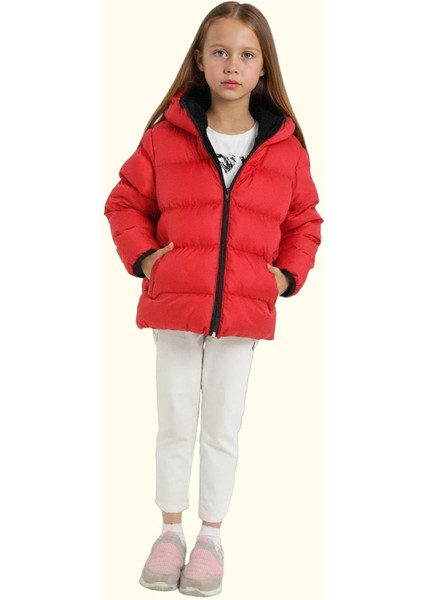 Kız Çocuk Polarlı Kürklü Kapüşonlu Su Geçirmez Rüzgara Dayanıklı Şişme Kışlık Mont