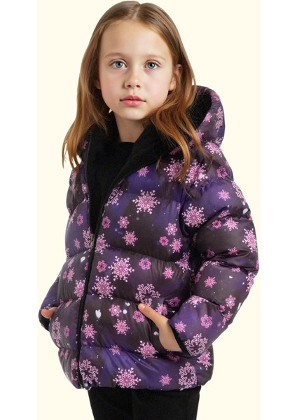 Kız Çocuk Pusula Desen Polar Su ve Rüzgar Geçirmez Kapüşonlu Şişme Kışlık Mont