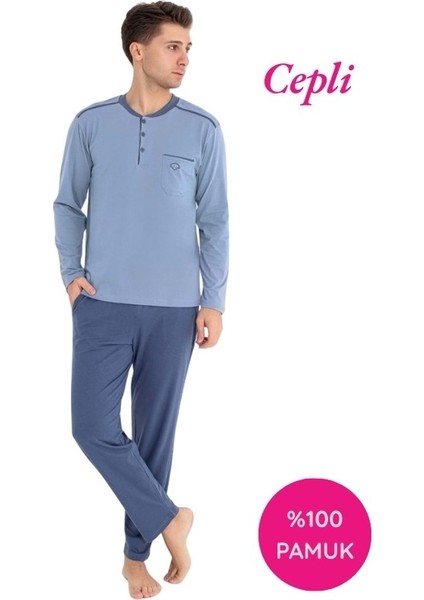 Erkek 3 Düğmeli %100 Pamuk Göğüs Cepli Mevsimlik Uzun Kol Cepli Pijama Takımı