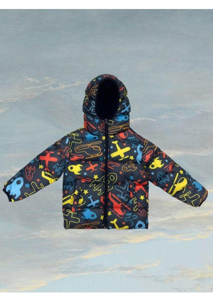Kız Çocuk Polarlı Kapüşonlu Helikopter Desenli Kışlık Şişme Mont & Kaban & Parka