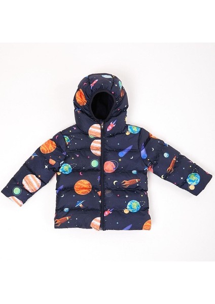 Kız Çocuk Polarlı Kapüşonlu Gezegen Yıldız Desenli Kışlık Şişme Mont & Kaban & Parka