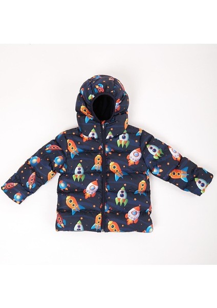 Kız Çocuk Polarlı Kürklü Kapüşonlu Roket Desenli Kışlık Şişme Mont Kaban Parka