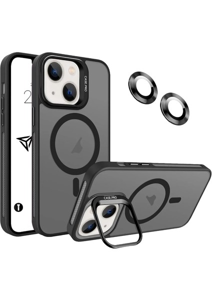iPhone Için Kılıf Kamera Korumalı Magsafe Wireless Şarj Özellikli Mat Şeffaf Renkli Standlı Kılıf (Lens Hediyeli) (Siyah, iPhone 13)