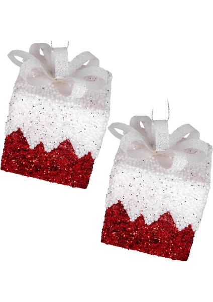 Yılbaşı Süsü Hediye Paketi Simli Kurdelalı 2'li Paket Kırmızı-Beyaz 8 Cm.