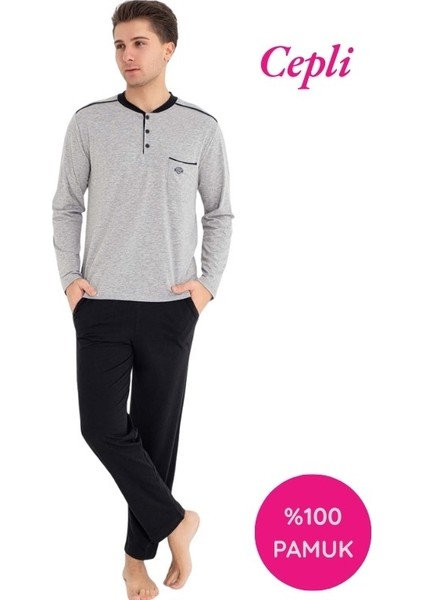 Erkek 3 Düğmeli %100 Pamuk Göğüs Cepli Mevsimlik Uzun Kol Cepli Pijama Takımı
