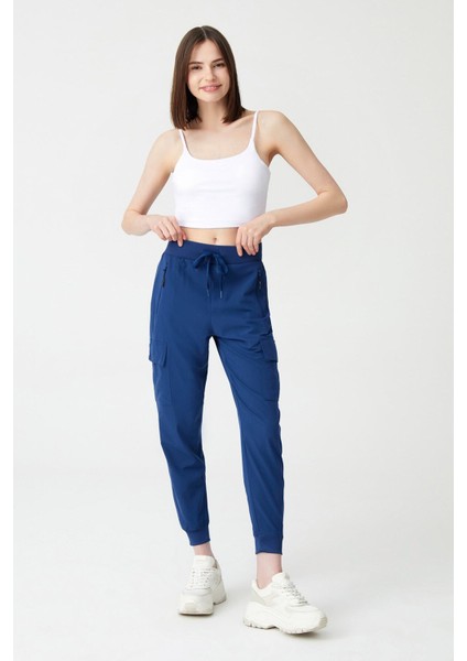 Kadın Lacivert Kargo Cepli Beli ve Paçası Lastikli Jogger Pantolon Cargo