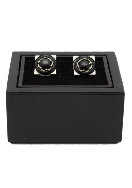 Gümüş Renk Kare Siyah Desenli Kol Düğmesi