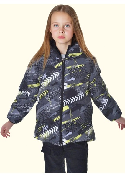 Kız Çocuk Dijital Desen Polar Su ve Rüzgar Geçirmez Kapüşonlu Şişme Kışlık Mont