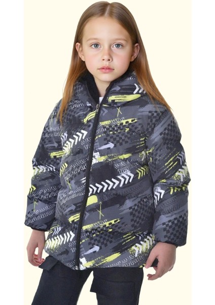 Kız Çocuk Dijital Desen Polar Su ve Rüzgar Geçirmez Kapüşonlu Şişme Kışlık Mont modelleri