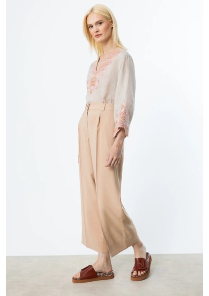 Kadın Tek Pile Bol Paça Pantolon 2106 Kum