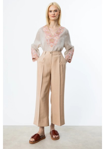 Kadın Tek Pile Bol Paça Pantolon 2106 Kum fiyatları