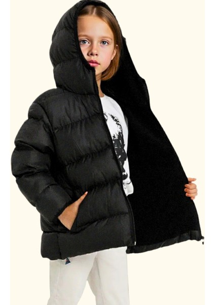 Kız Çocuk Polarlı Kürklü Kapüşonlu Su Geçirmez Rüzgara Dayanıklı Şişme Kışlık Mont