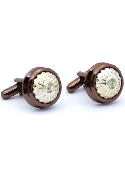 Kahve Rengi Yuvarlak Rose Desenli Taşlı Kol Düğmesi