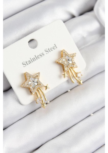 Çelik Zirkon Taşlı Kayan Yıldız Model Gold Renk Kadın Küpe