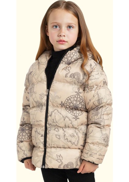 Kız Çocuk Pusula Desen Polar Su ve Rüzgar Geçirmez Kapüşonlu Şişme Kışlık Mont