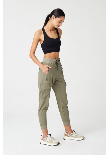 Kadın Haki Kargo Cepli Beli ve Paçası Lastikli Jogger Pantolon Cargo