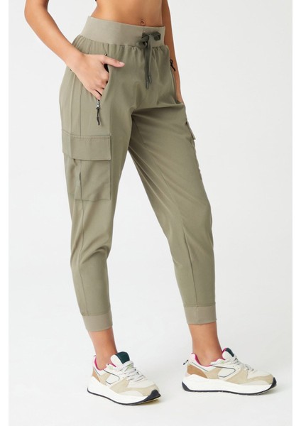 Kadın Haki Kargo Cepli Beli ve Paçası Lastikli Jogger Pantolon Cargo