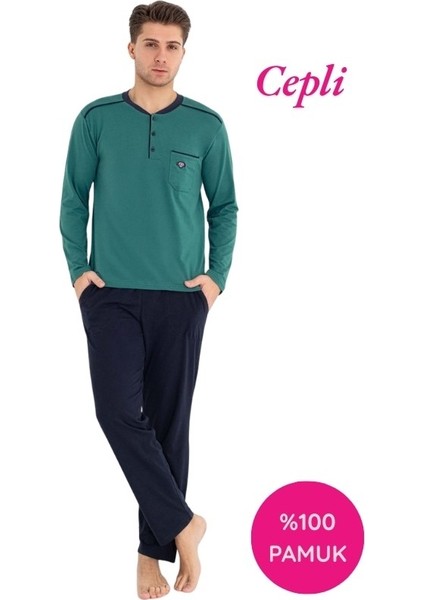 Erkek 3 Düğmeli %100 Pamuk Göğüs Cepli Mevsimlik Uzun Kol Cepli Pijama Takımı