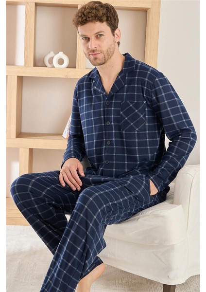 Lacivert Ekose Desenli önden Düğmeli Elegant Erkek pijama takımı