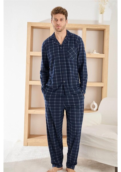 Lacivert Ekose Desenli önden Düğmeli Elegant Erkek pijama takımı fiyatları
