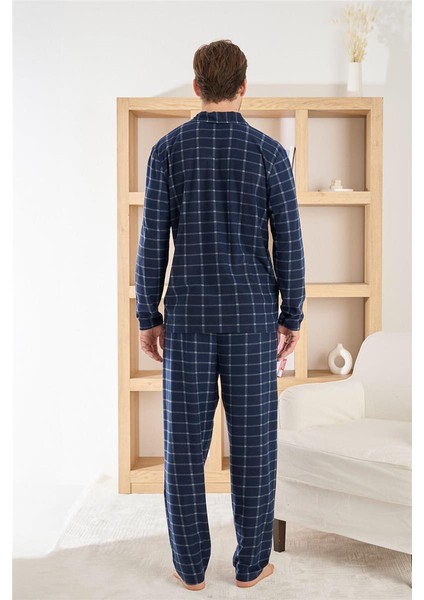 Lacivert Ekose Desenli önden Düğmeli Elegant Erkek pijama takımı modelleri