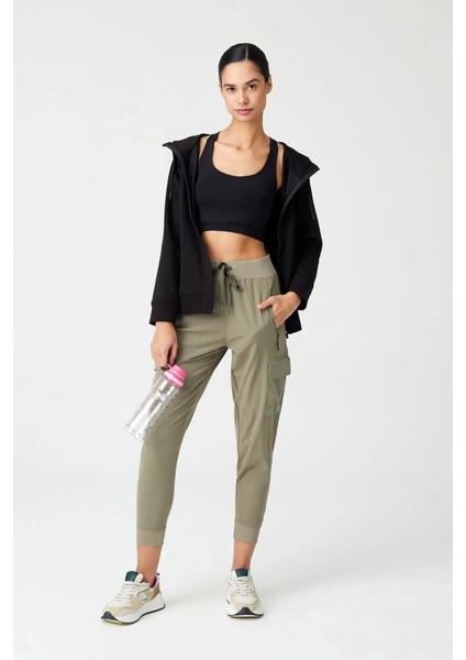 Kadın Haki Kargo Cepli Beli ve Paçası Lastikli Jogger Pantolon Cargo