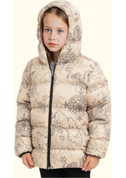 Kız Çocuk Pusula Desen Polar Su ve Rüzgar Geçirmez Kapüşonlu Şişme Kışlık Mont modelleri