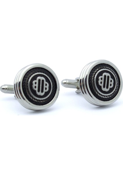 Yuvarlak Gümüş Renk Üzeri Siyah Desen Kol Düğmesi