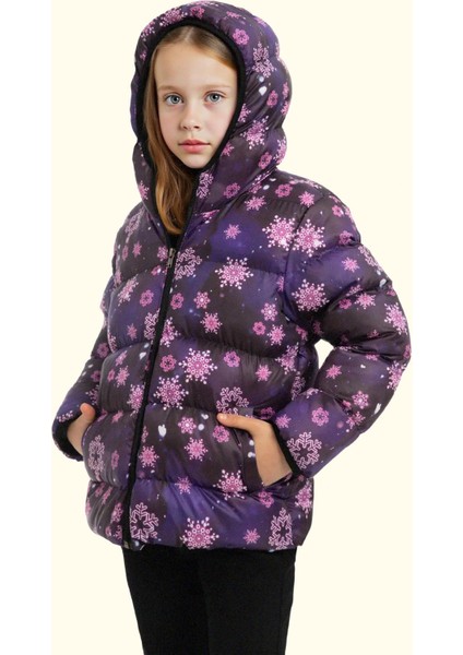 Kız Çocuk Pusula Desen Polar Su ve Rüzgar Geçirmez Kapüşonlu Şişme Kışlık Mont modelleri