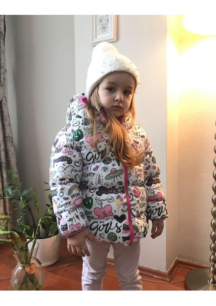 Kız Çocuk Polarlı Kürklü Kapüşonlu Girls Yazılı Kelebek Desenli Kışlık Şişme Mont Kaban Parka