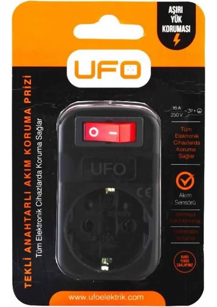 Tekli Akım Korumalı Anahtarlı Priz 16A 250V, Max 3500W Aşırı Yük Koruması (Siyah)