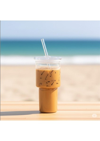 Bambu Kapaklı Cam Pipetli 450 ml Borosilikat Bardak