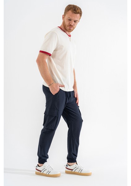 Erkek Lacivert Likralı Esnek Ince Kumaş Lastikli Paça Torba Cep Pantolon modelleri