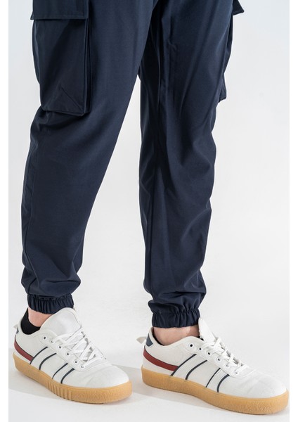 Erkek Lacivert Likralı Esnek Ince Kumaş Lastikli Paça Torba Cep Pantolon