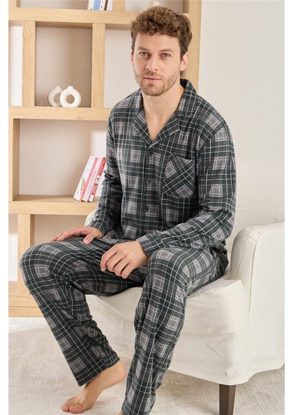 Siyah Ekose Desenli önden Düğmeli Elegant Erkek pijama takımı