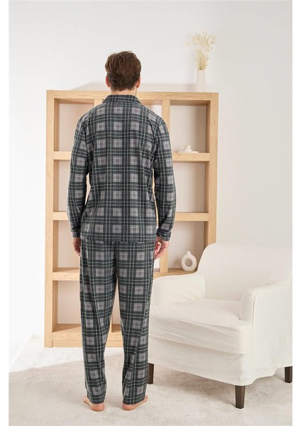 Siyah Ekose Desenli önden Düğmeli Elegant Erkek pijama takımı modelleri