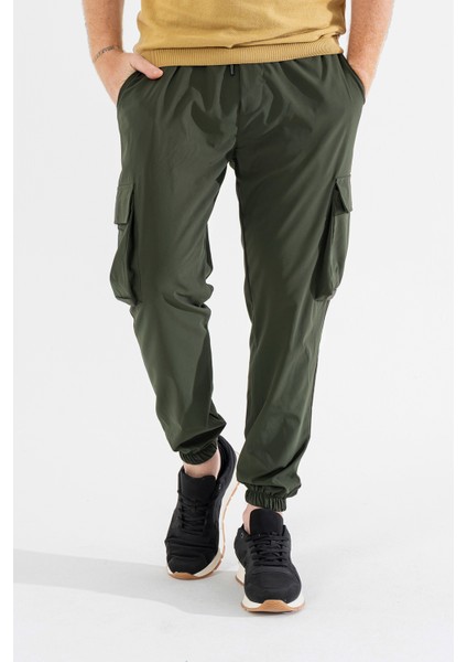 Erkek Haki Likralı Esnek Ince Kumaş Lastikli Paça Torba Cep Pantolon