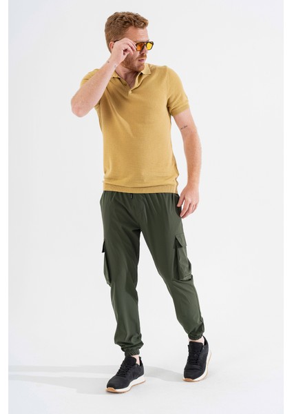 Erkek Haki Likralı Esnek Ince Kumaş Lastikli Paça Torba Cep Pantolon