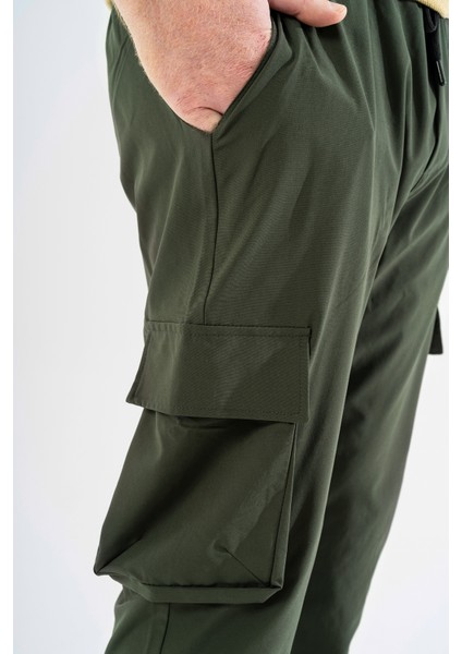 Erkek Haki Likralı Esnek Ince Kumaş Lastikli Paça Torba Cep Pantolon