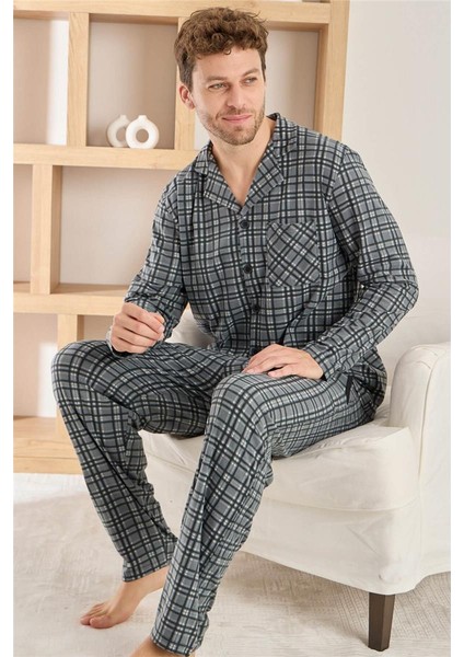 Gri Ekose Desenli önden Düğmeli Elegant Erkek pijama takımı