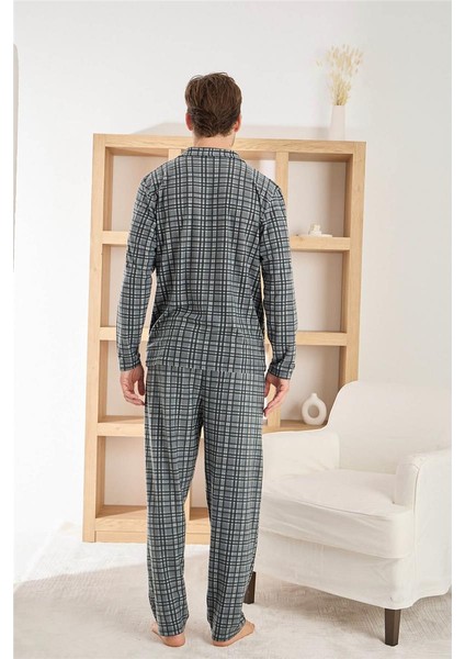 Gri Ekose Desenli önden Düğmeli Elegant Erkek pijama takımı modelleri